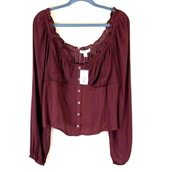 NWT And Now This Brown Silky Scoop Neck Cropped Peplum Peasant Bodice Top (XL) - Picture 1 of 16